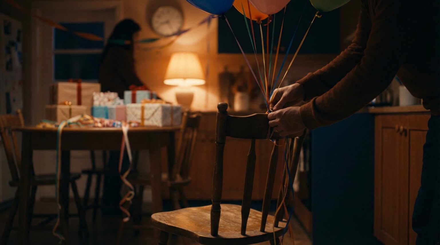Parent's hands tying colorful balloons to kitchen chair under soft lamp light at night