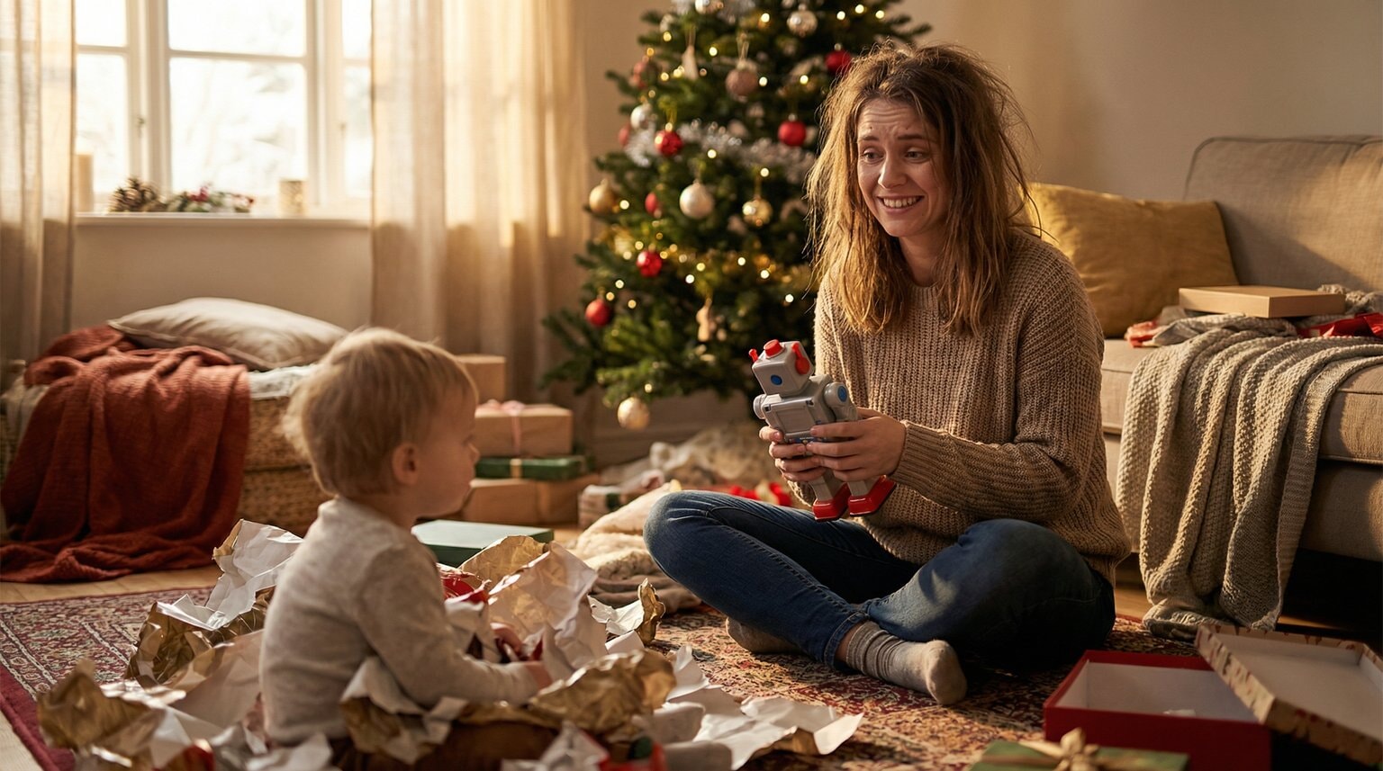 Parent with polite smile masking concern while holding unwrapped toy as toddler plays with wrapping paper nearby