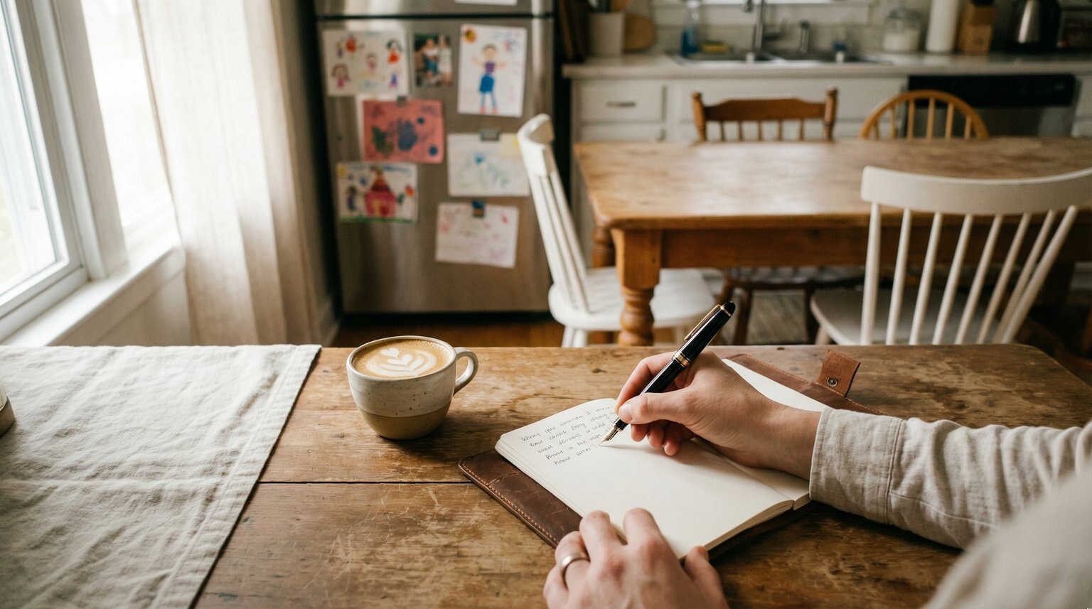 Parent's hands writing in a journal at a cozy kitchen table with morning light and coffee nearby