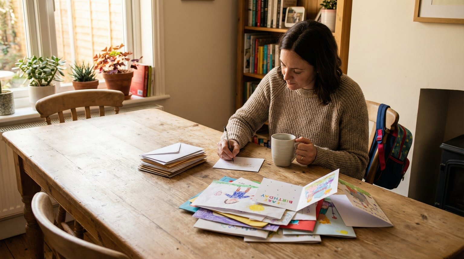 Parent writing thank you note at kitchen table with birthday cards and colorful drawings nearby
