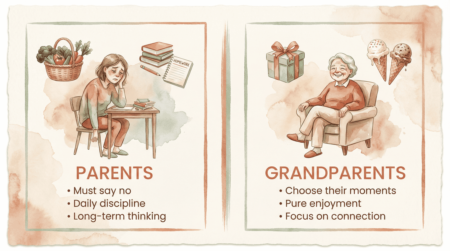 Comparison chart showing parents must say no and handle daily discipline while grandparents choose their moments and focus on connection