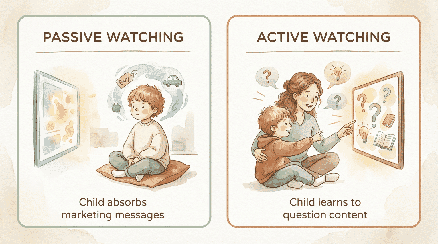 Comparison showing passive watching where child absorbs marketing versus active watching where child learns to question
