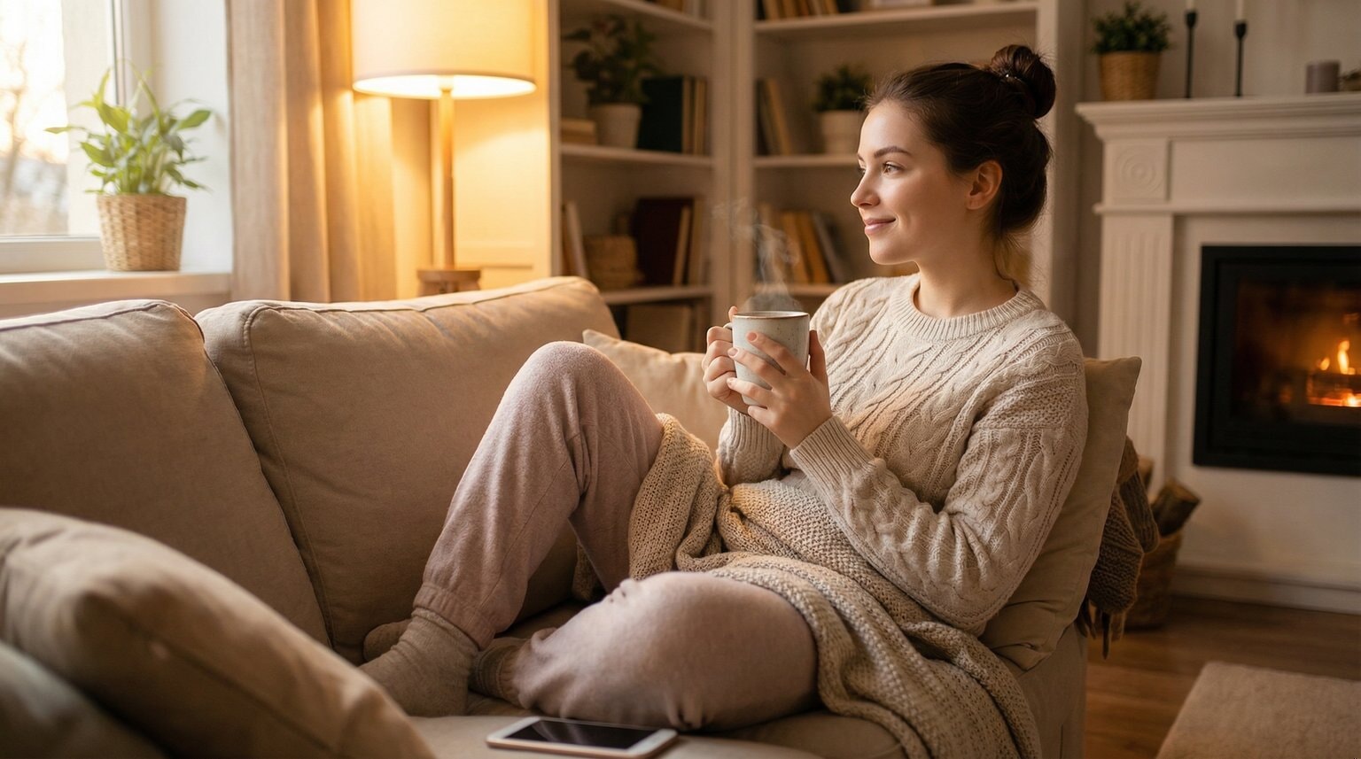 Mom relaxing peacefully on couch with tea and phone set aside face-down