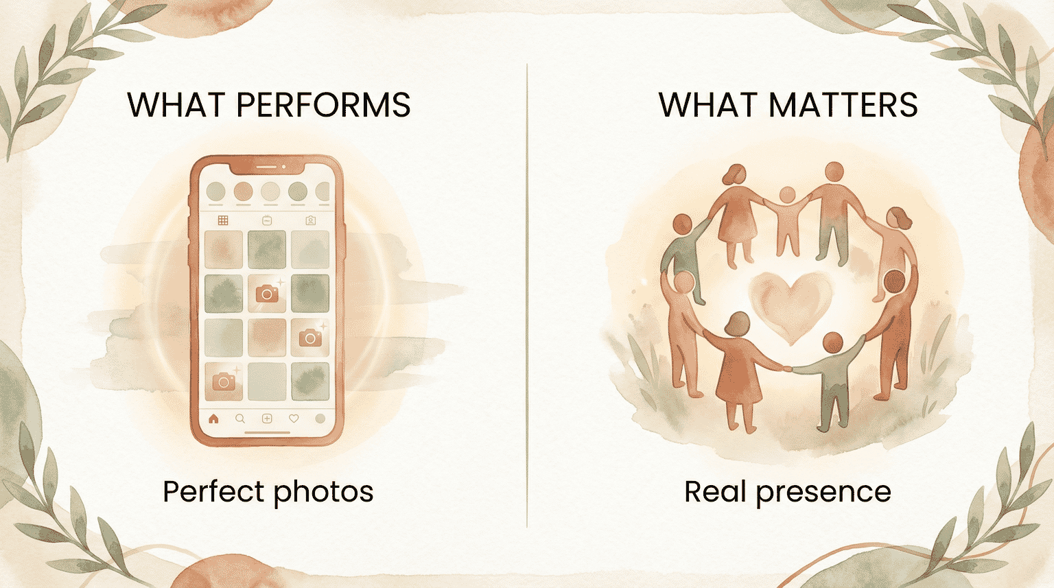 Illustration comparing perfect photos for social media versus real presence with loved ones