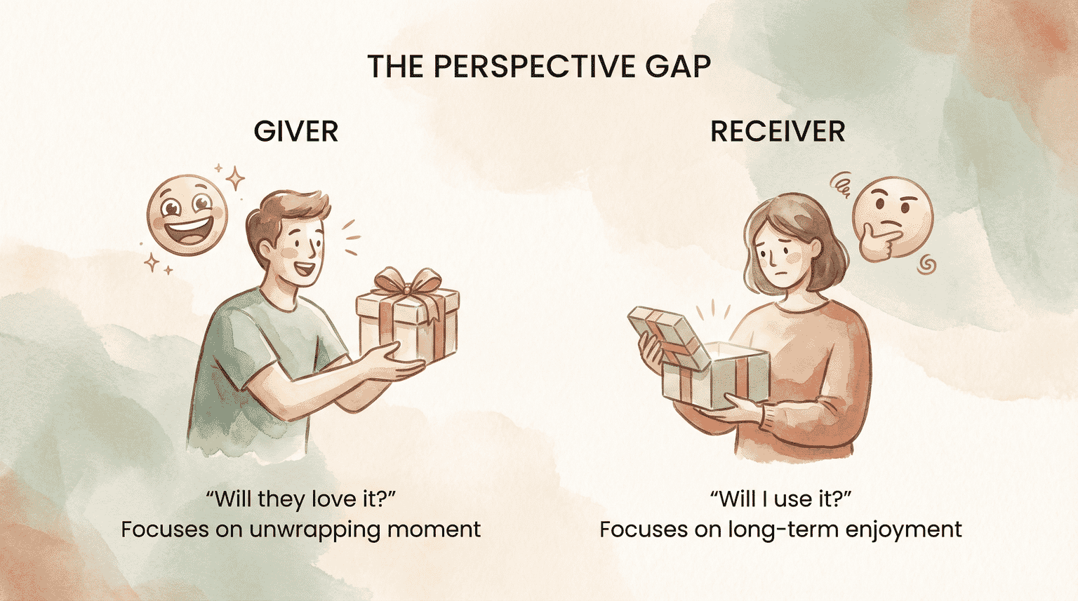 Infographic comparing giver perspective focused on unwrapping moment versus receiver perspective focused on long-term enjoyment