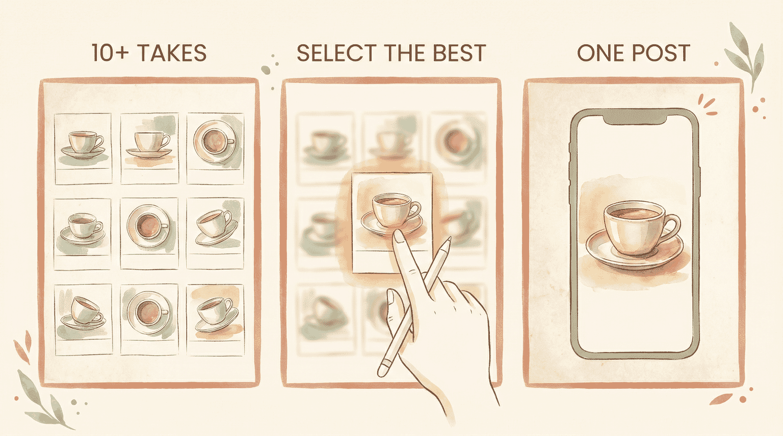 Infographic showing curation process from ten photo takes to selecting one best image for posting