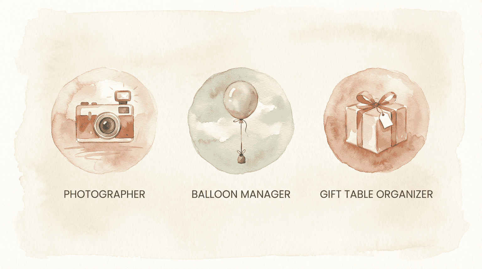 Icons showing three helper role options: photographer, balloon manager, and gift table organizer