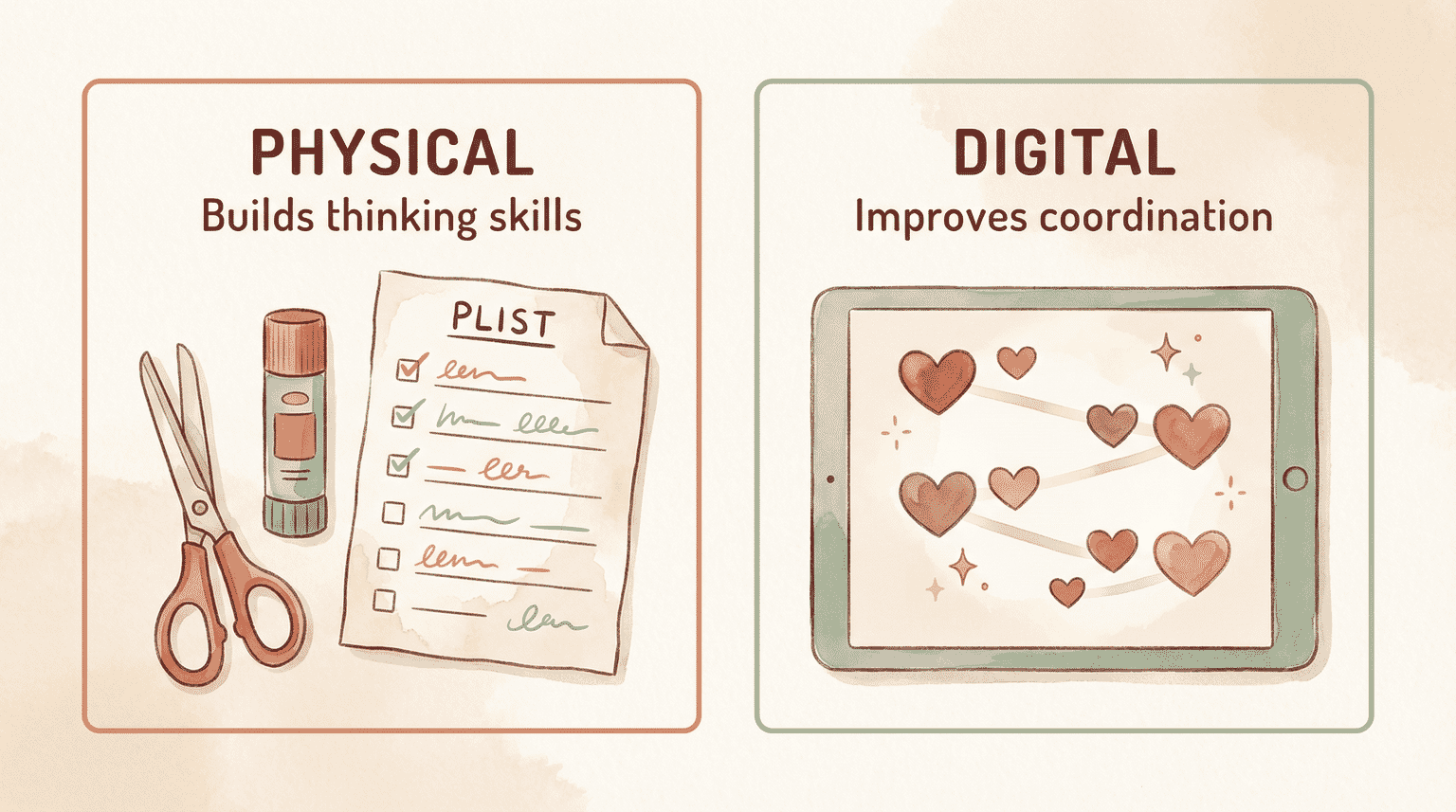 Split comparison showing handmade paper wishlist with scissors on left and tablet with heart icons on right
