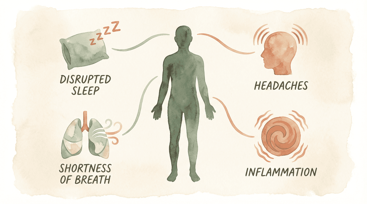 Illustration of human silhouette showing four stress symptoms including disrupted sleep, headaches, inflammation, and shortness of breath