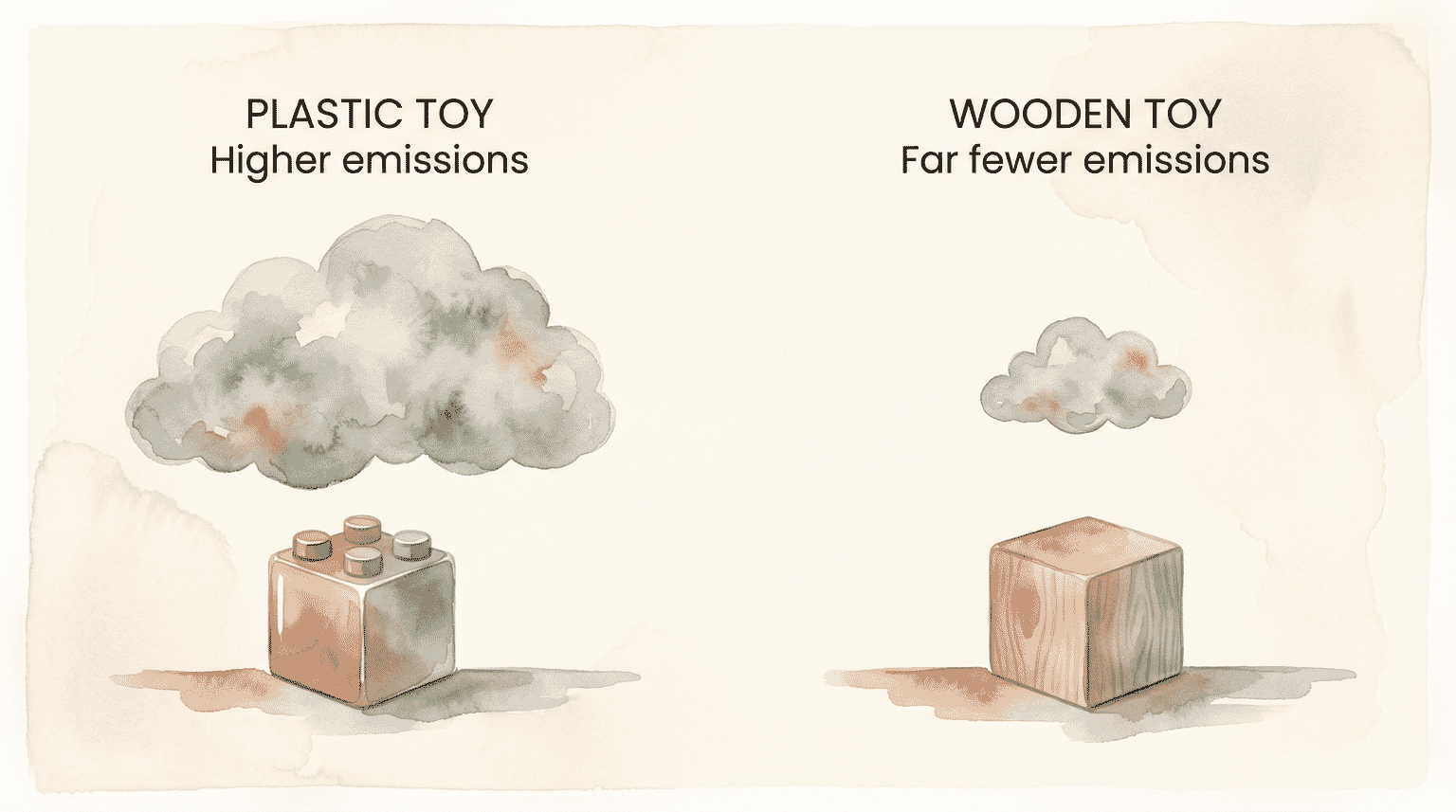 Side-by-side comparison showing plastic toys produce higher emissions than wooden toys