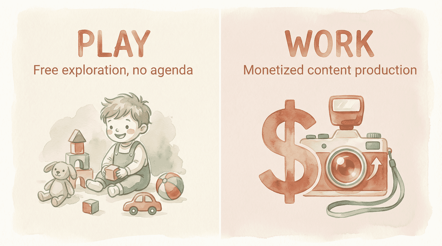 Comparison infographic showing difference between free play exploration and monetized content production