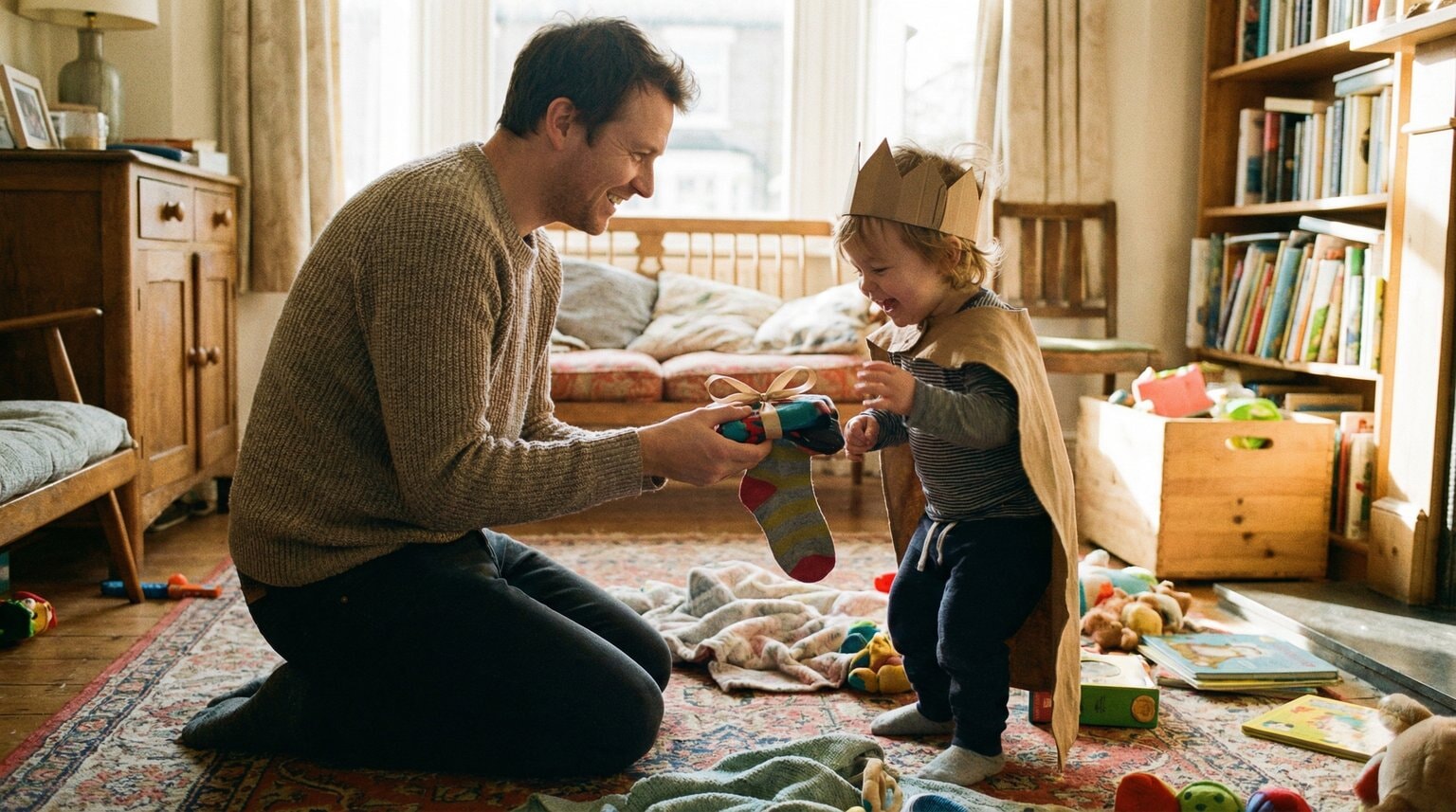 Parent and child playing pretend gift game at home with parent holding silly object while child giggles