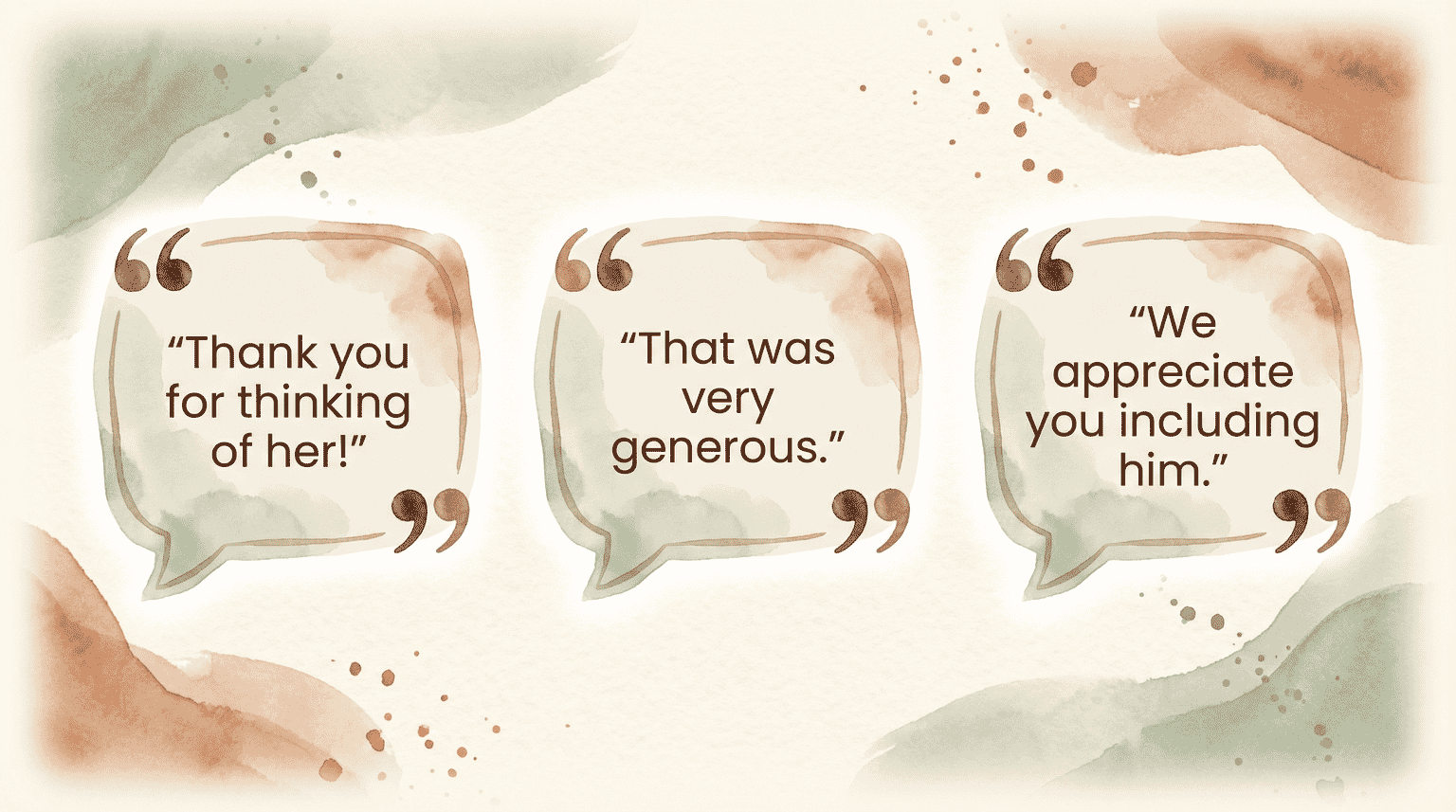 Three speech bubbles showing polite thank you responses for receiving gifts