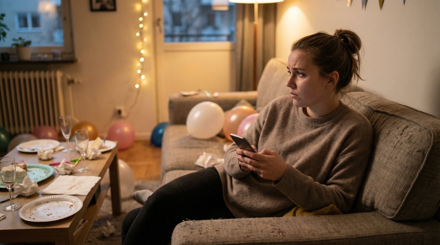 Young mother sitting on couch after party looking anxious while holding phone with deflated balloons and cake plates in background