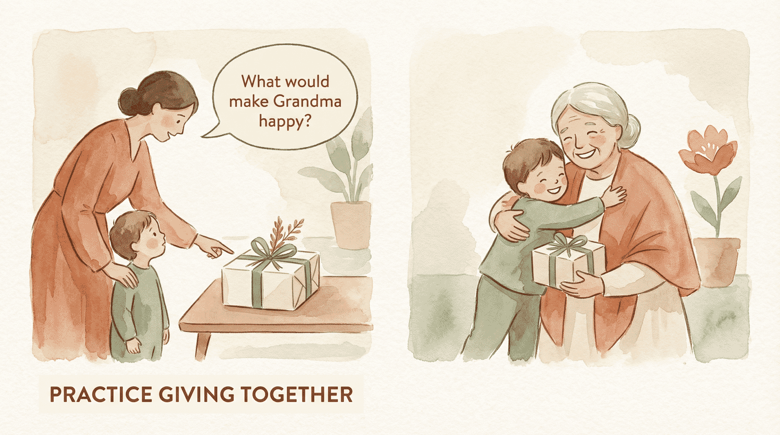 Illustration of parent and child selecting gift together with speech bubble asking what would make Grandma happy