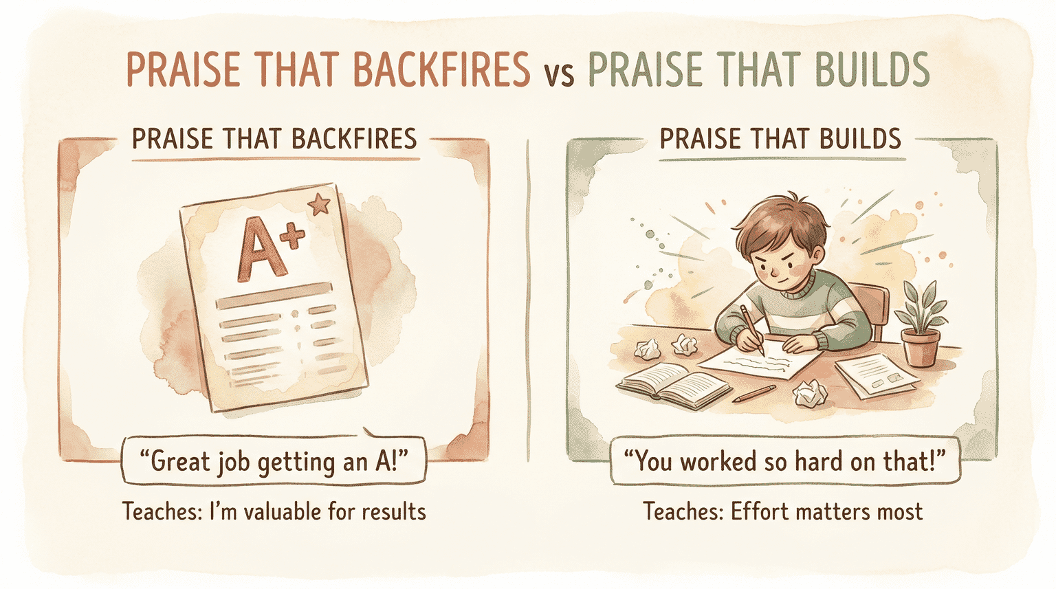 Comparison showing outcome-based praise versus effort-based praise and their effects on children