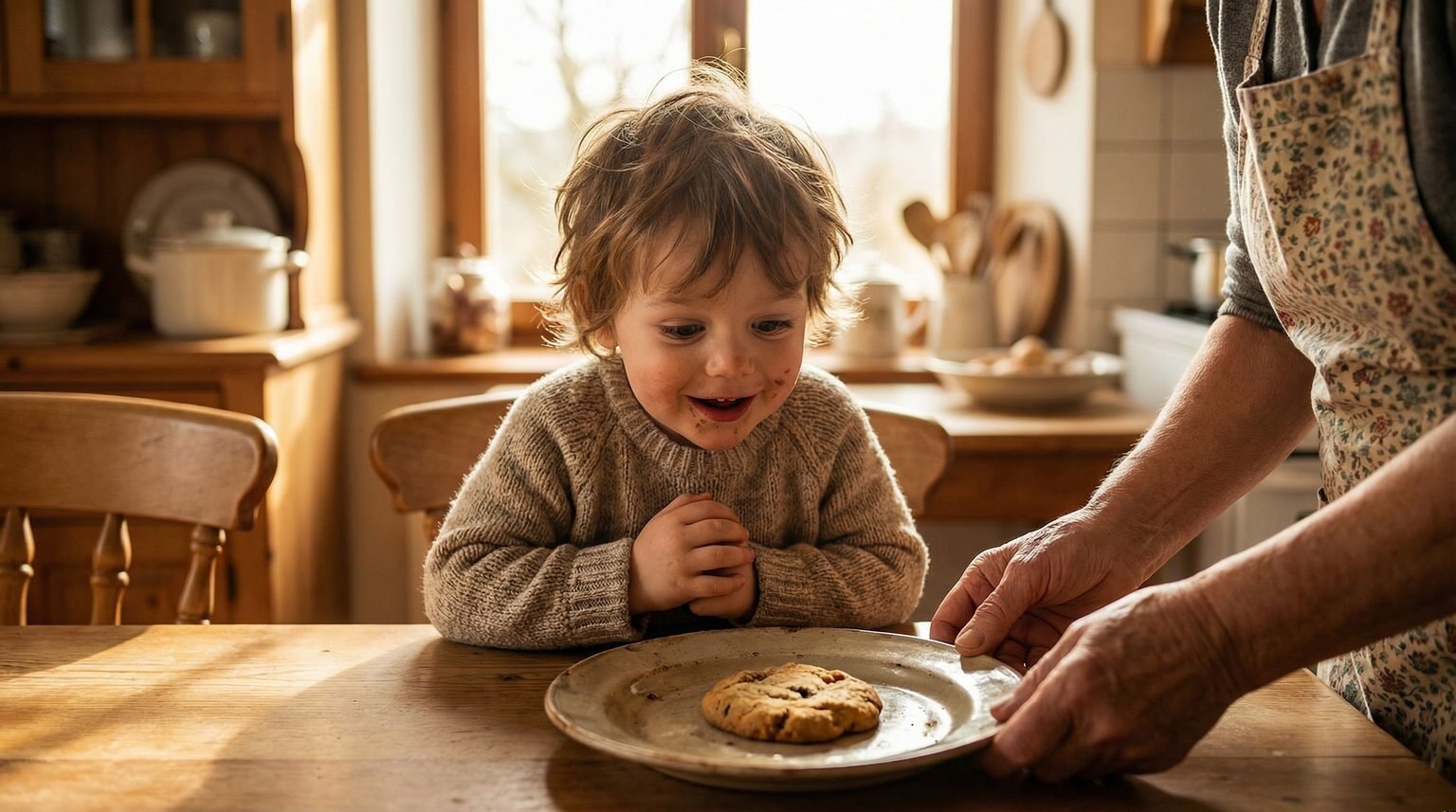 Preschooler looking with wonder at a homemade cookie with grandmother's hands visible nearby