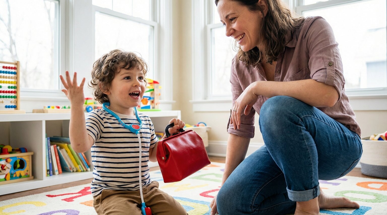 Preschooler animatedly explaining play scenario while holding toy doctor kit