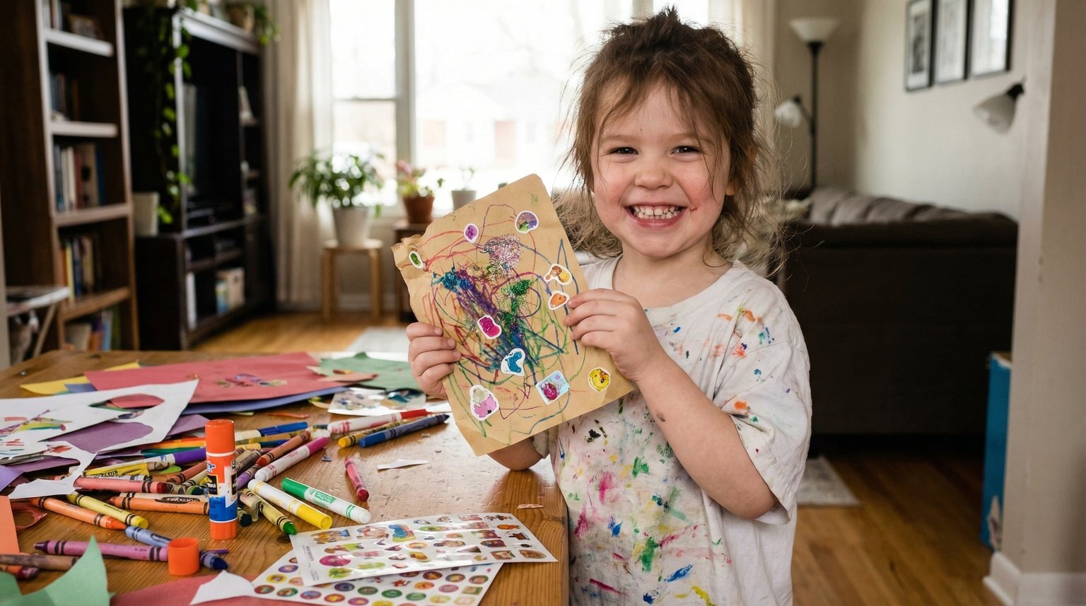 Joyful preschooler proudly holding up handmade card with scribbles and stickers