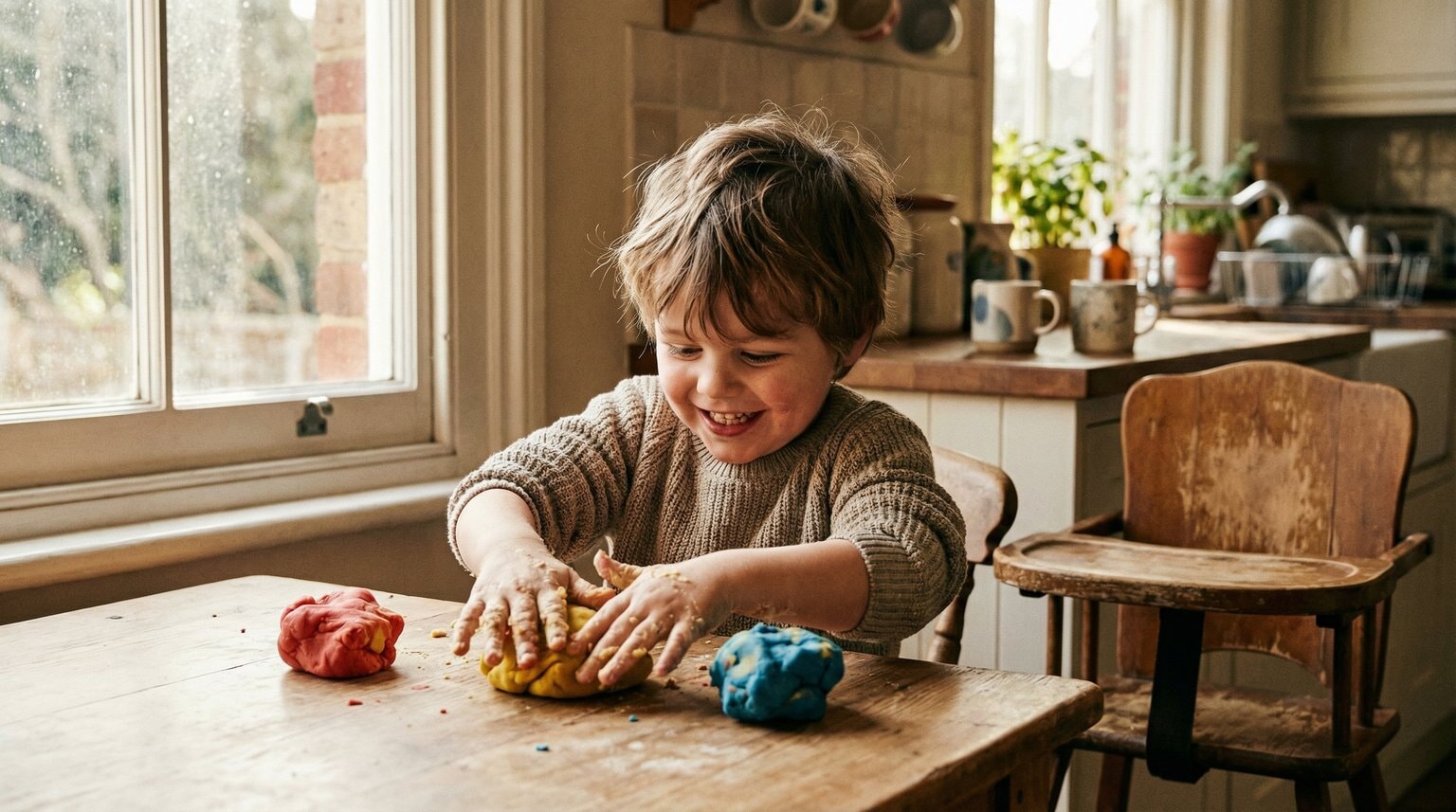 Preschool child absorbed in squishing colorful play dough at wooden kitchen table with natural light