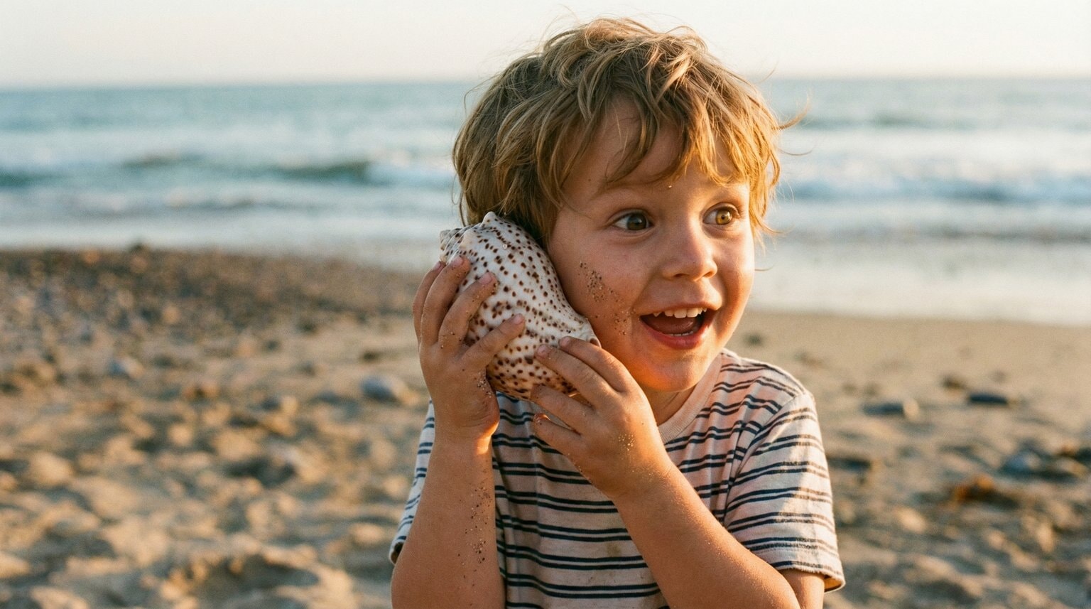 Preschooler holding seashell to ear with delighted surprised expression at the beach
