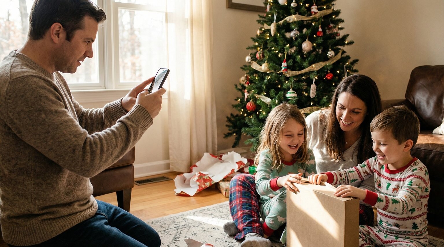 One parent holding phone to photograph while another parent sits fully present with children opening gifts on Christmas morning