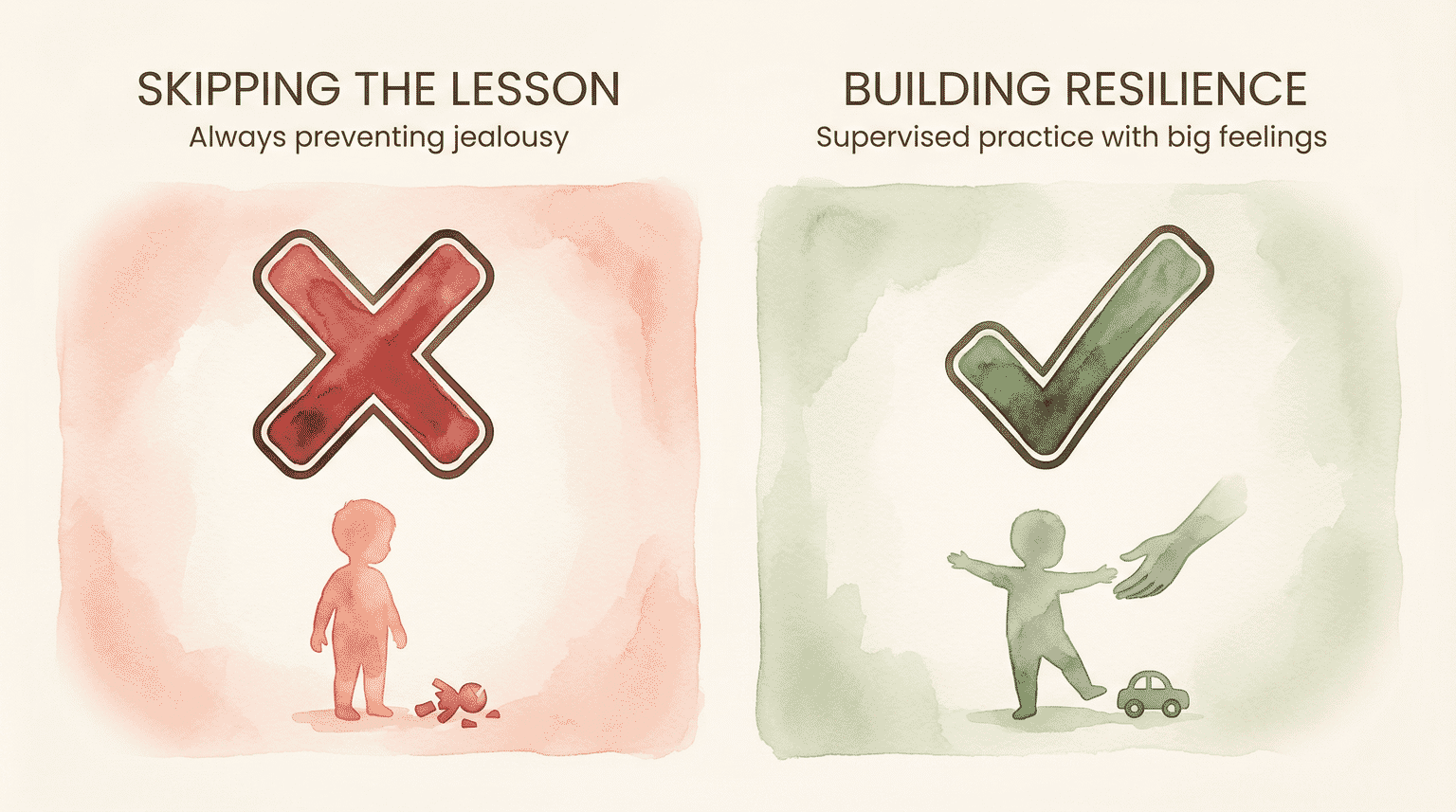 Two-panel comparison showing skipping the lesson versus building resilience through supervised practice with big feelings