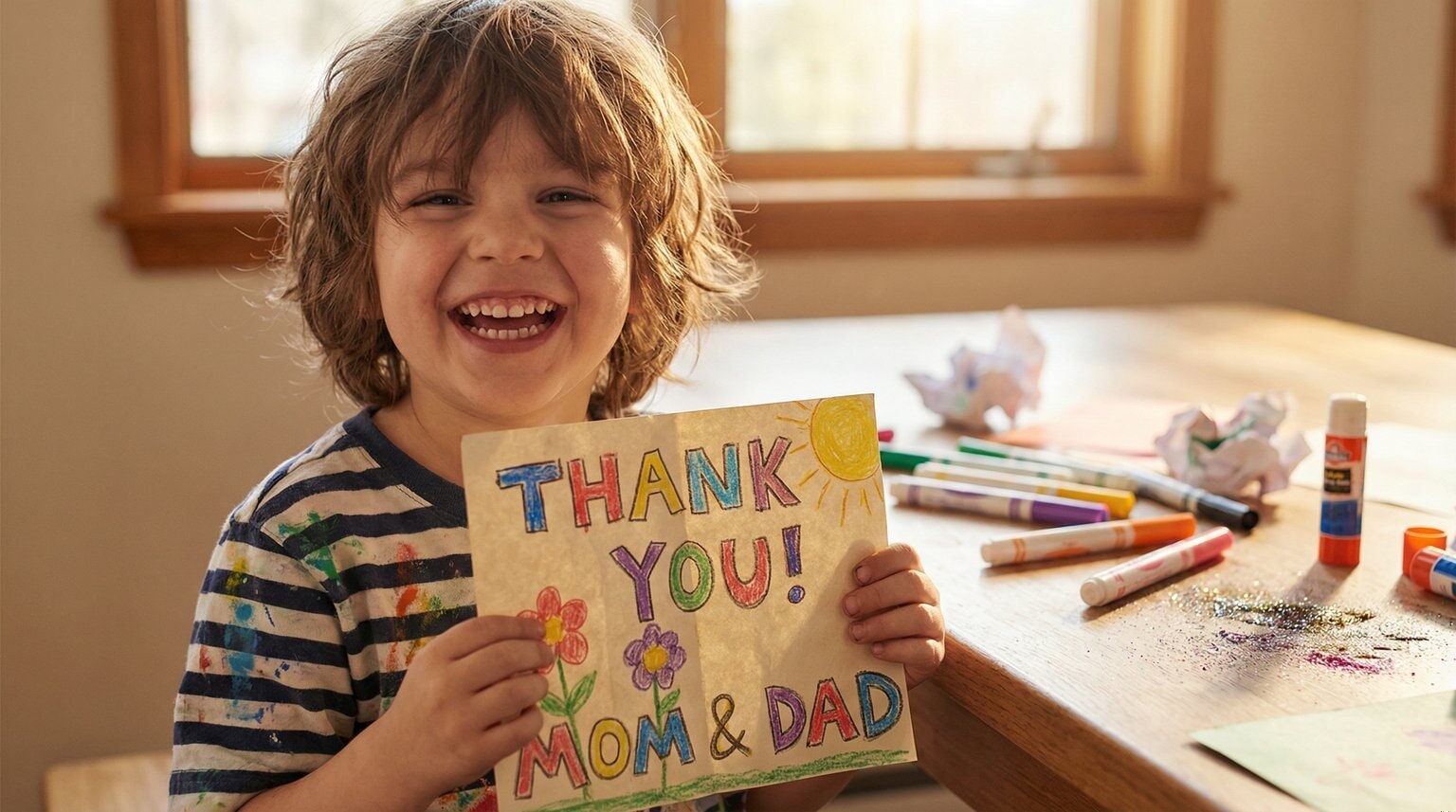 Joyful five-year-old proudly holding up handmade thank you card with colorful drawings and big genuine smile