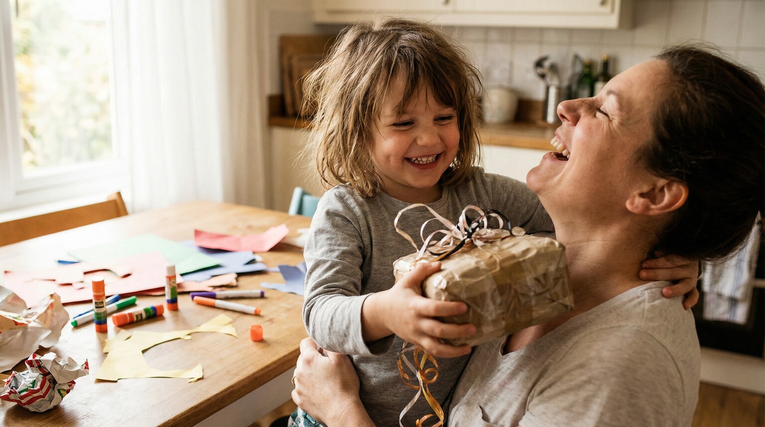 Proud five-year-old presenting gloriously messy handmade gift wrapped in too much tape to laughing parent
