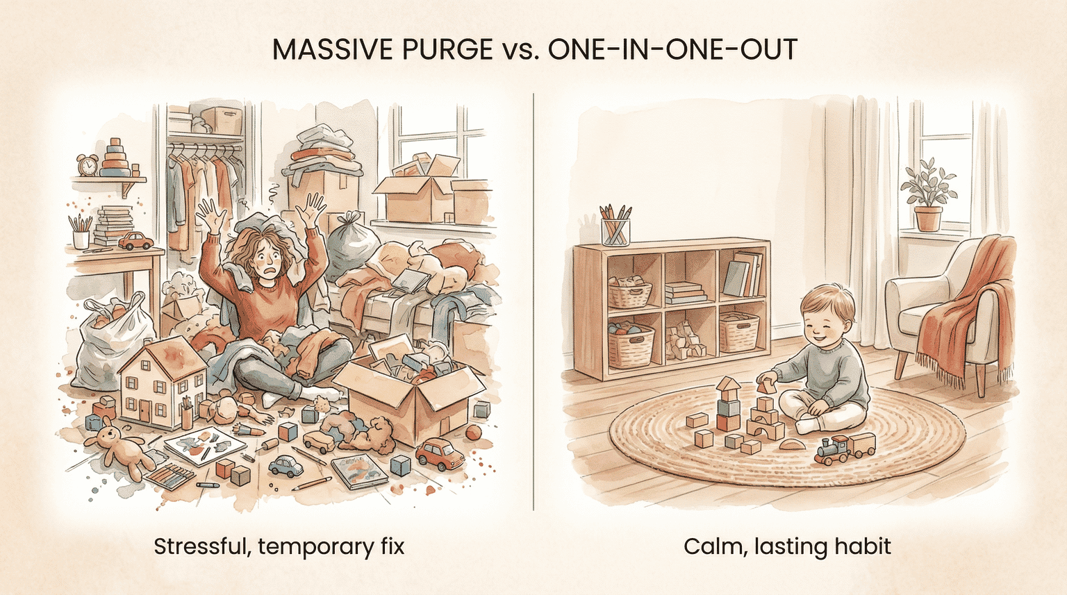 Comparison showing chaotic toy purge versus calm one-in-one-out habit