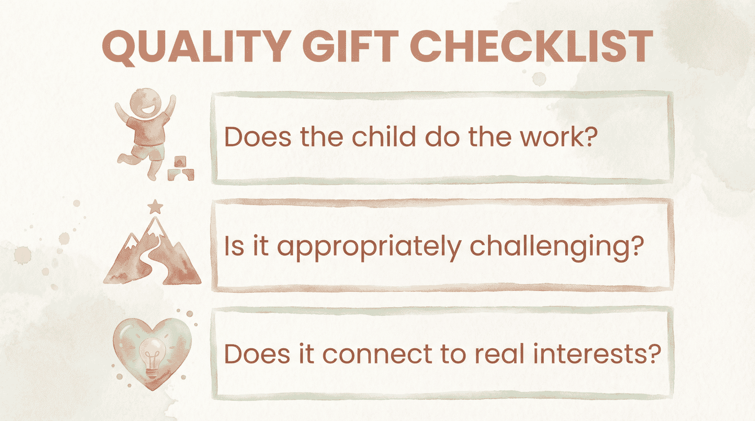 Quality gift checklist with three questions about child doing work, appropriate challenge, and real interests