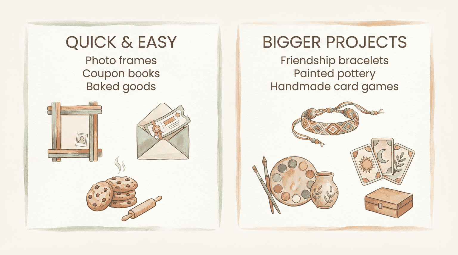 Comparison chart showing quick and easy handmade gifts versus bigger project options