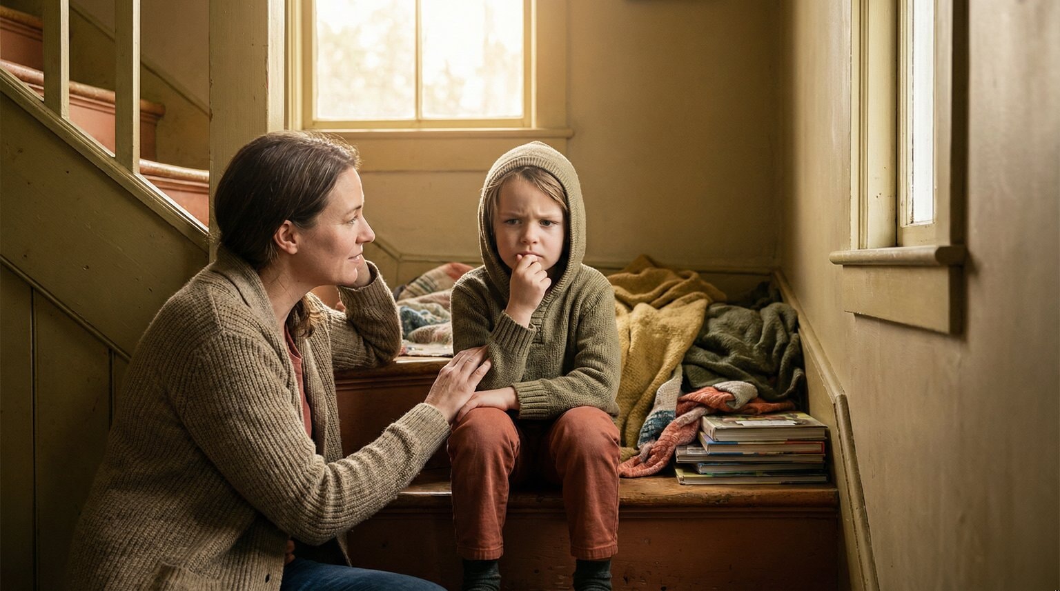 Parent and child having quiet one-on-one conversation sitting on stairs with soft natural lighting