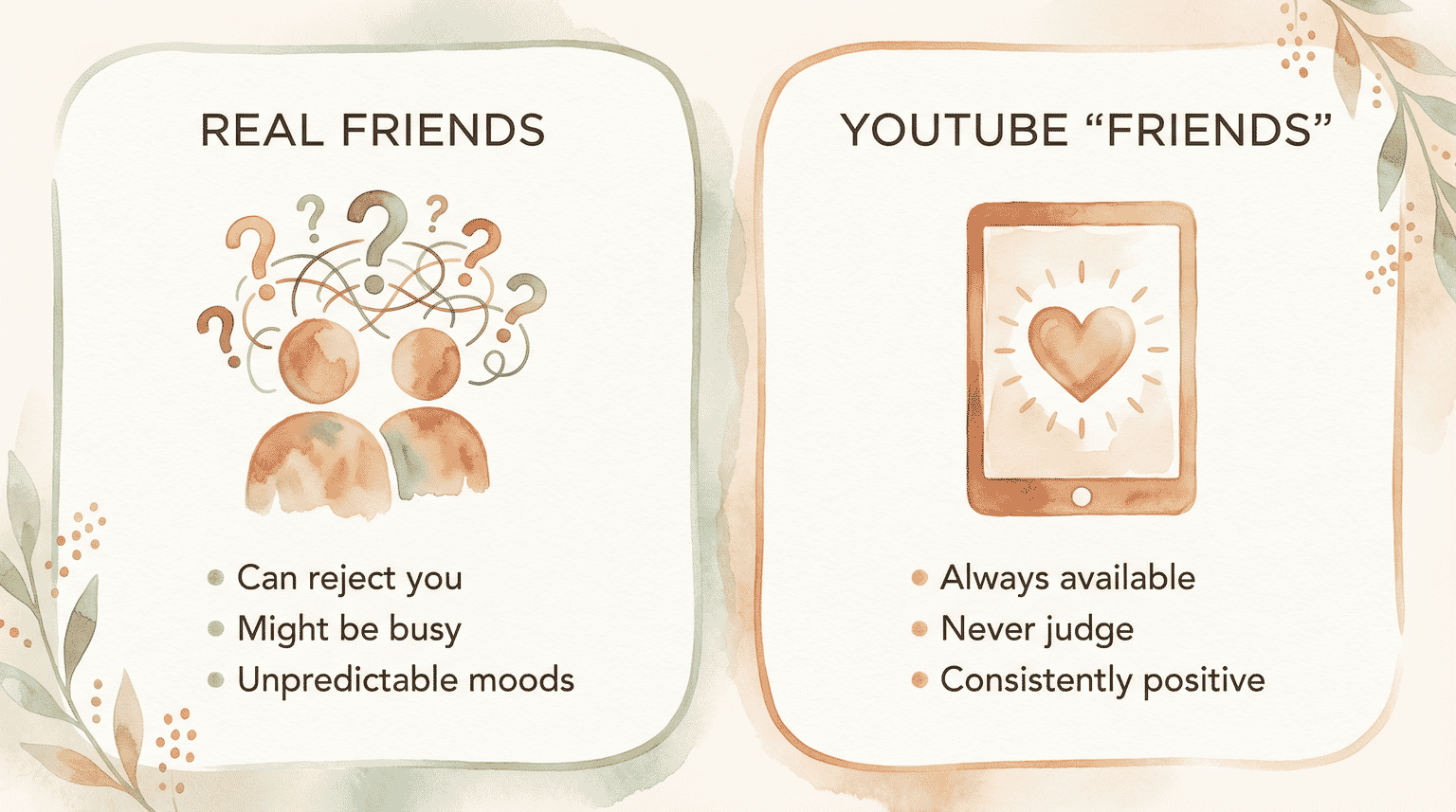 Comparison chart showing real friends can reject you and have unpredictable moods while YouTube friends are always available and never judge