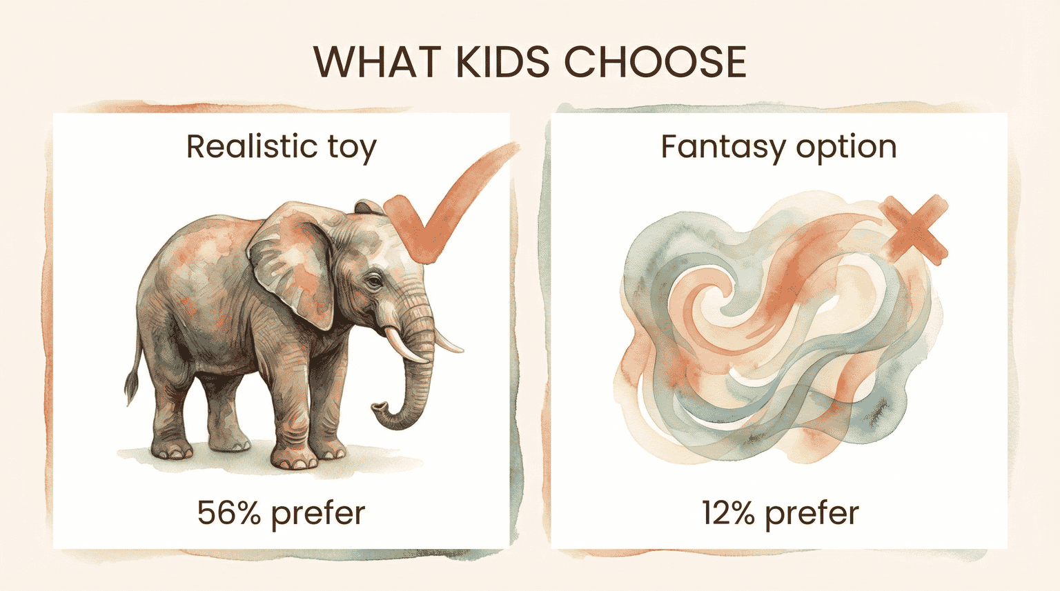 Comparison chart showing 56 percent of kids prefer realistic toys versus 12 percent choosing fantasy options
