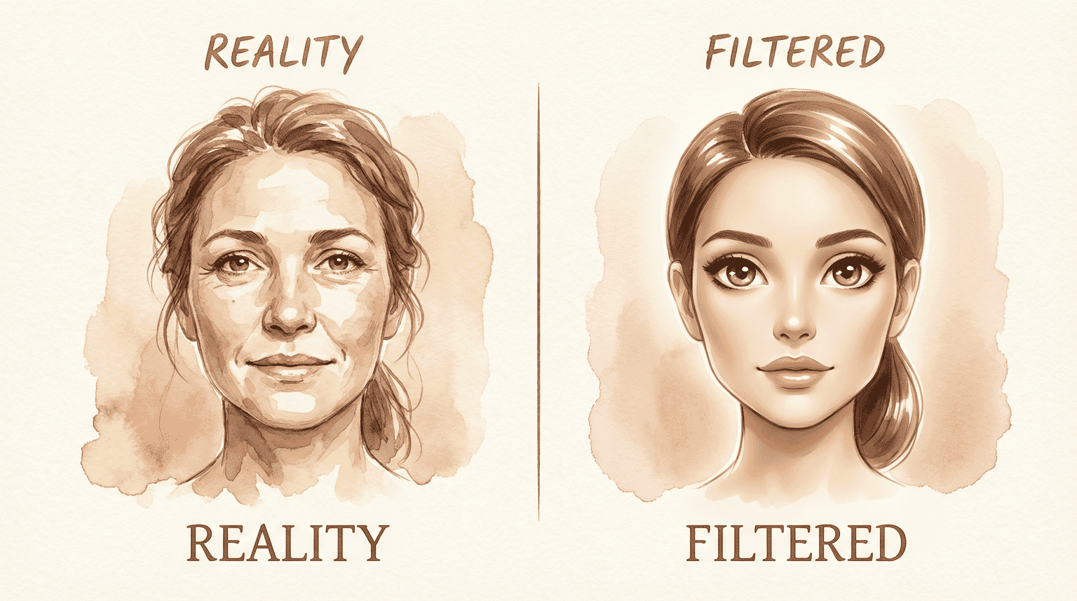 Side-by-side comparison showing natural face versus filtered face with exaggerated features