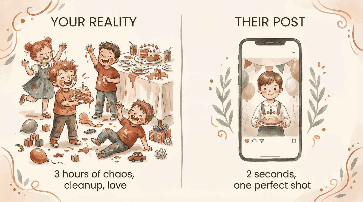 Two-panel comparison showing chaotic real party versus perfect Instagram photo