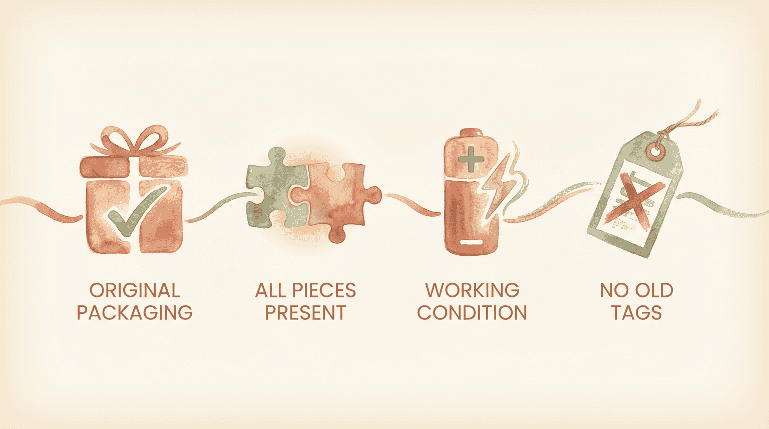 Process flow showing four condition requirements for regifting: original packaging, all pieces present, working condition, no old tags