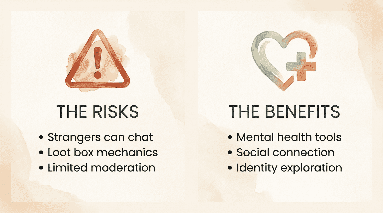 Comparison chart showing platform risks including strangers and loot boxes versus benefits including mental health tools and social connection