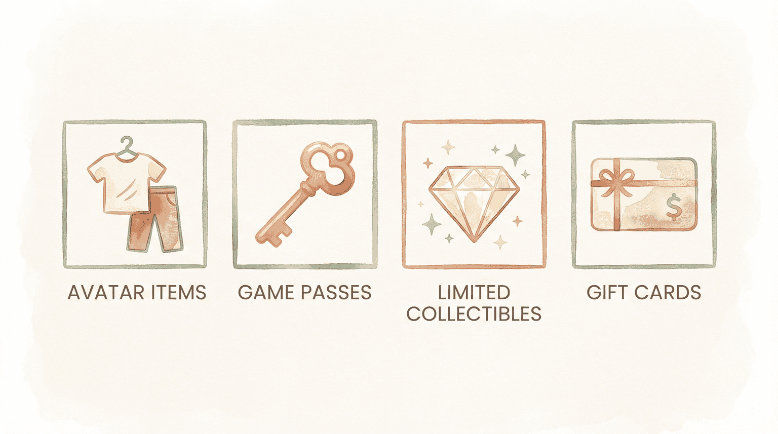 Infographic showing four types of virtual gifts including avatar items, game passes, limited collectibles, and gift cards