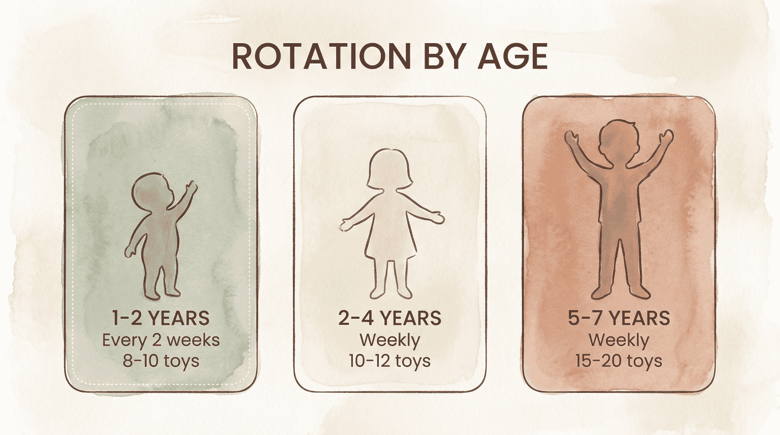 Age-based toy rotation schedule showing frequency and display amounts for ages 1-7