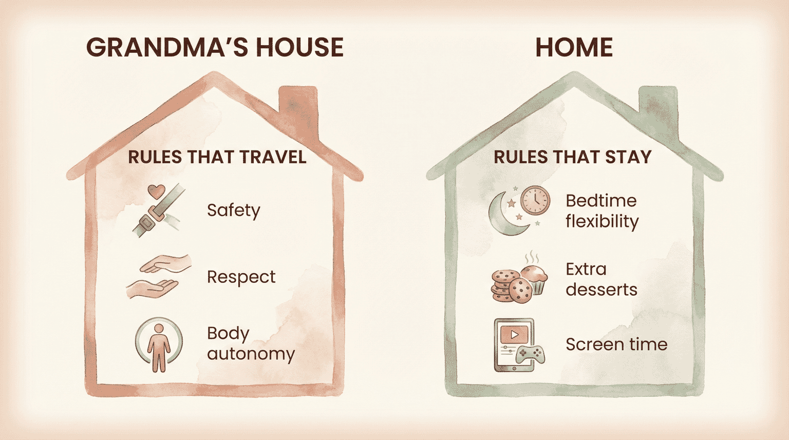 Chart comparing rules that travel everywhere versus rules that stay at grandma's house
