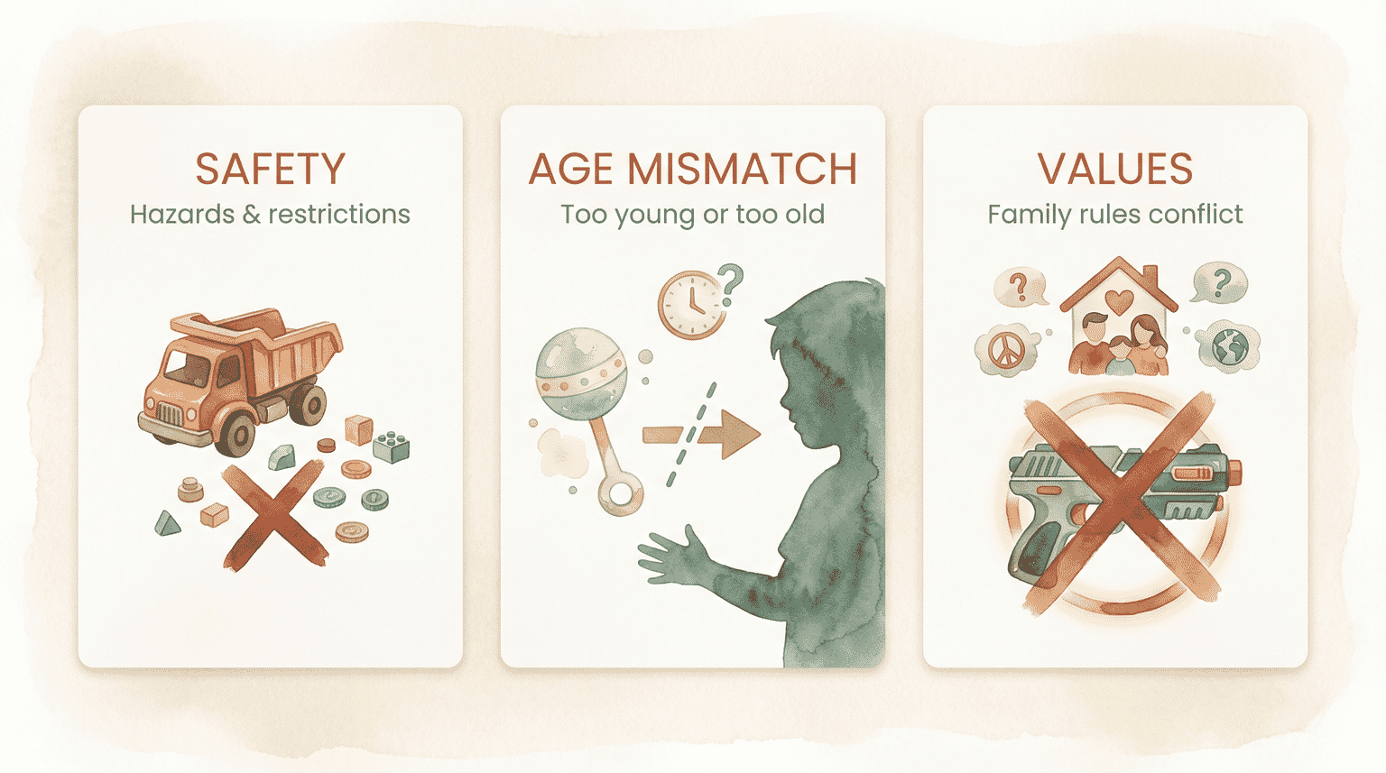 Three panel infographic showing safety hazards, age mismatch issues, and values conflicts in gift giving