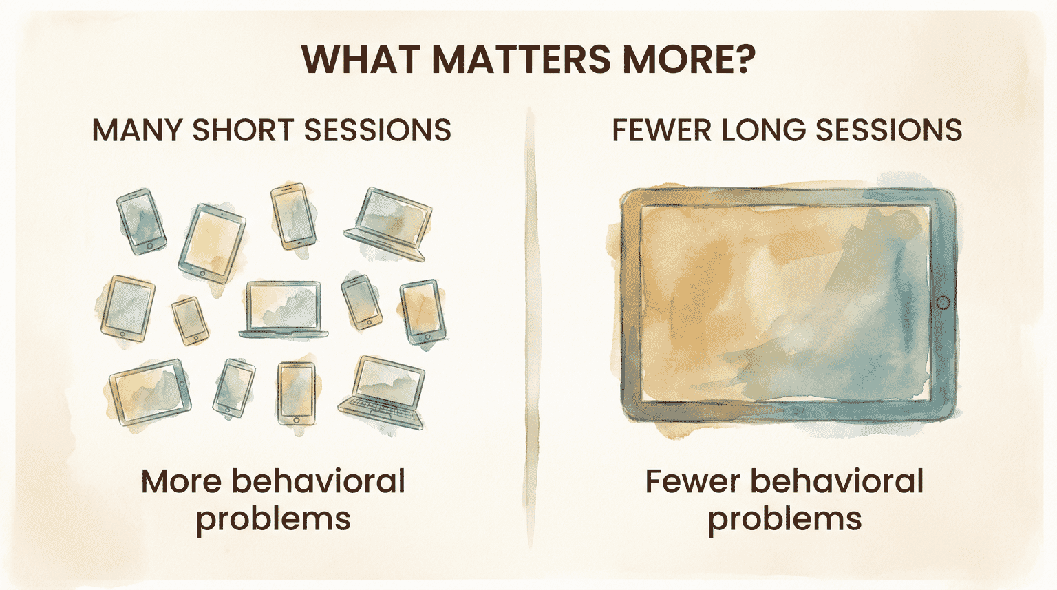 Comparison showing many short screen sessions cause more behavioral problems than fewer long sessions