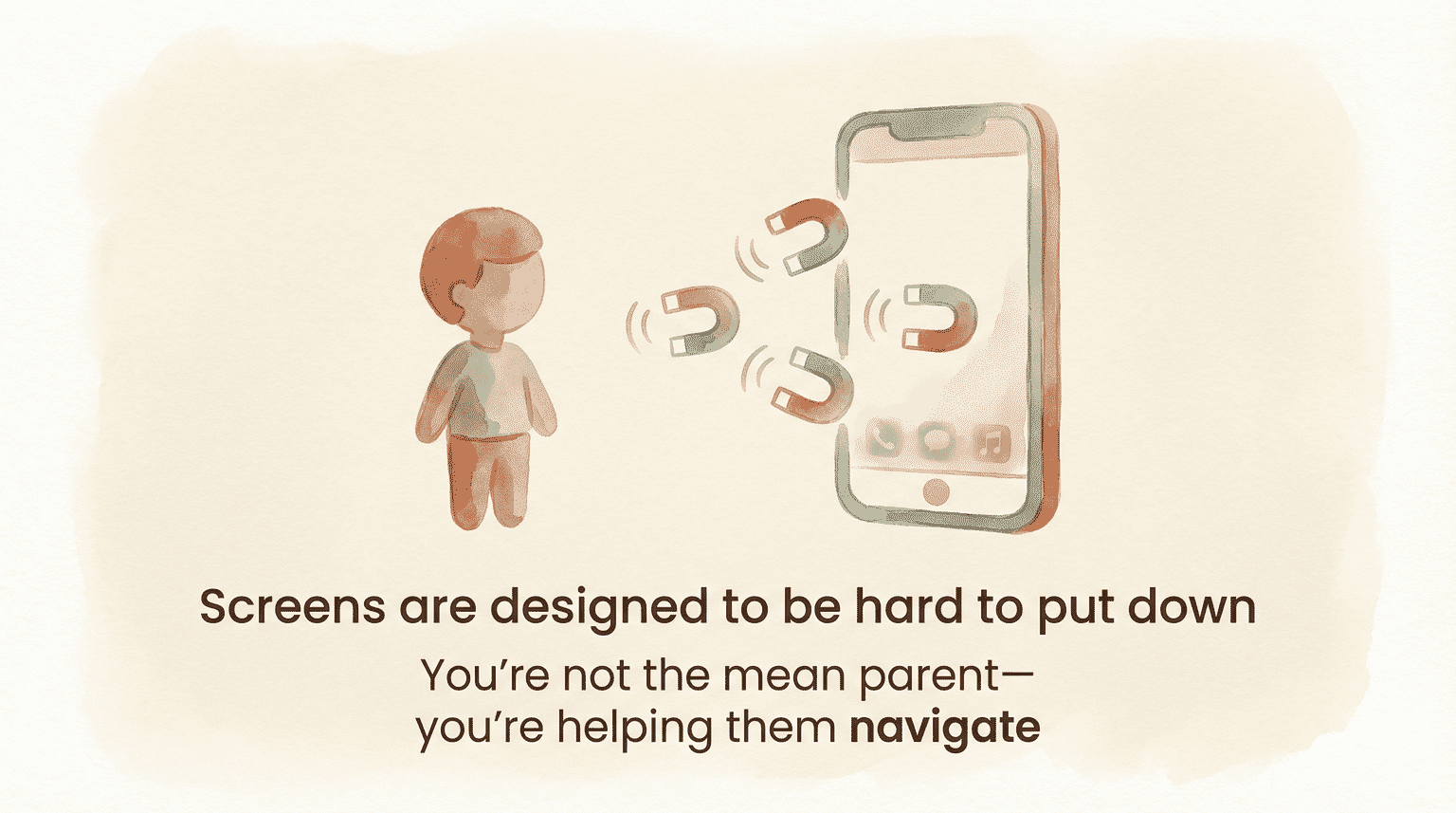 Illustration showing smartphone with magnet symbols pulling toward child figure, representing addictive design