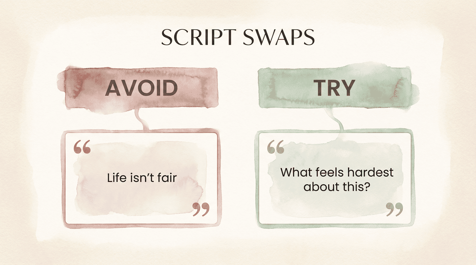 Comparison chart showing what to avoid saying versus what to try when children are disappointed about gifts