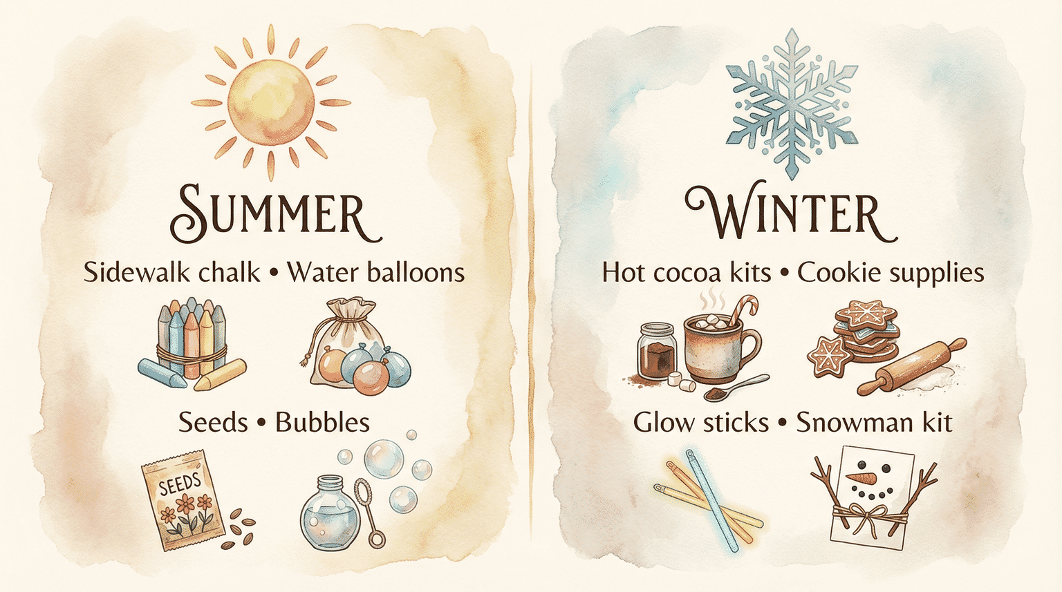 Illustrated seasonal consumables showing sidewalk chalk and bubbles for summer, hot cocoa and cookies for winter