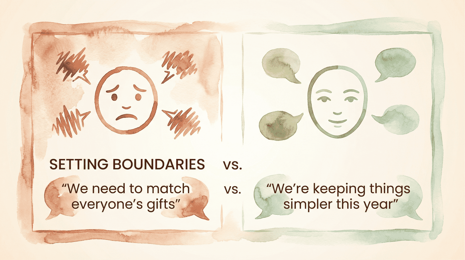 Comparison showing worried face with we need to match everyone versus calm face with we are keeping things simpler