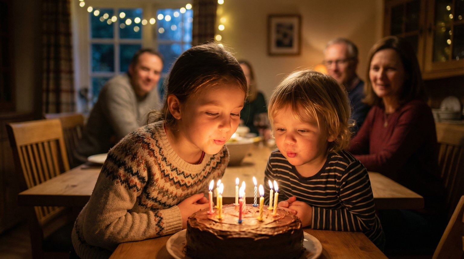 Birthday girl and younger sibling leaning in together to blow out candles on cake with candlelight illuminating their faces