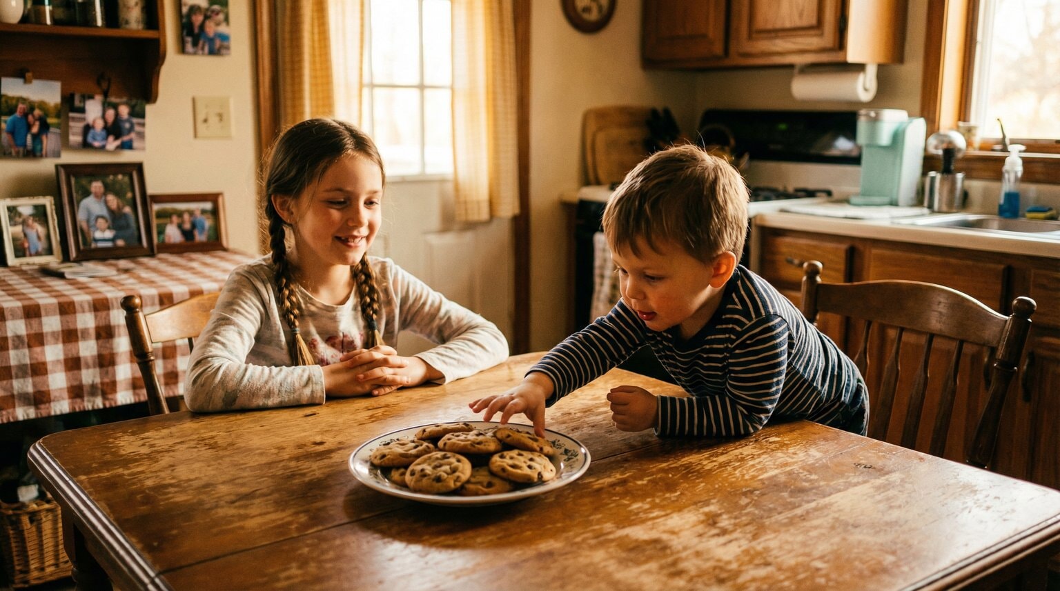 Two siblings at kitchen table with cookies showing different levels of patience and impulse control